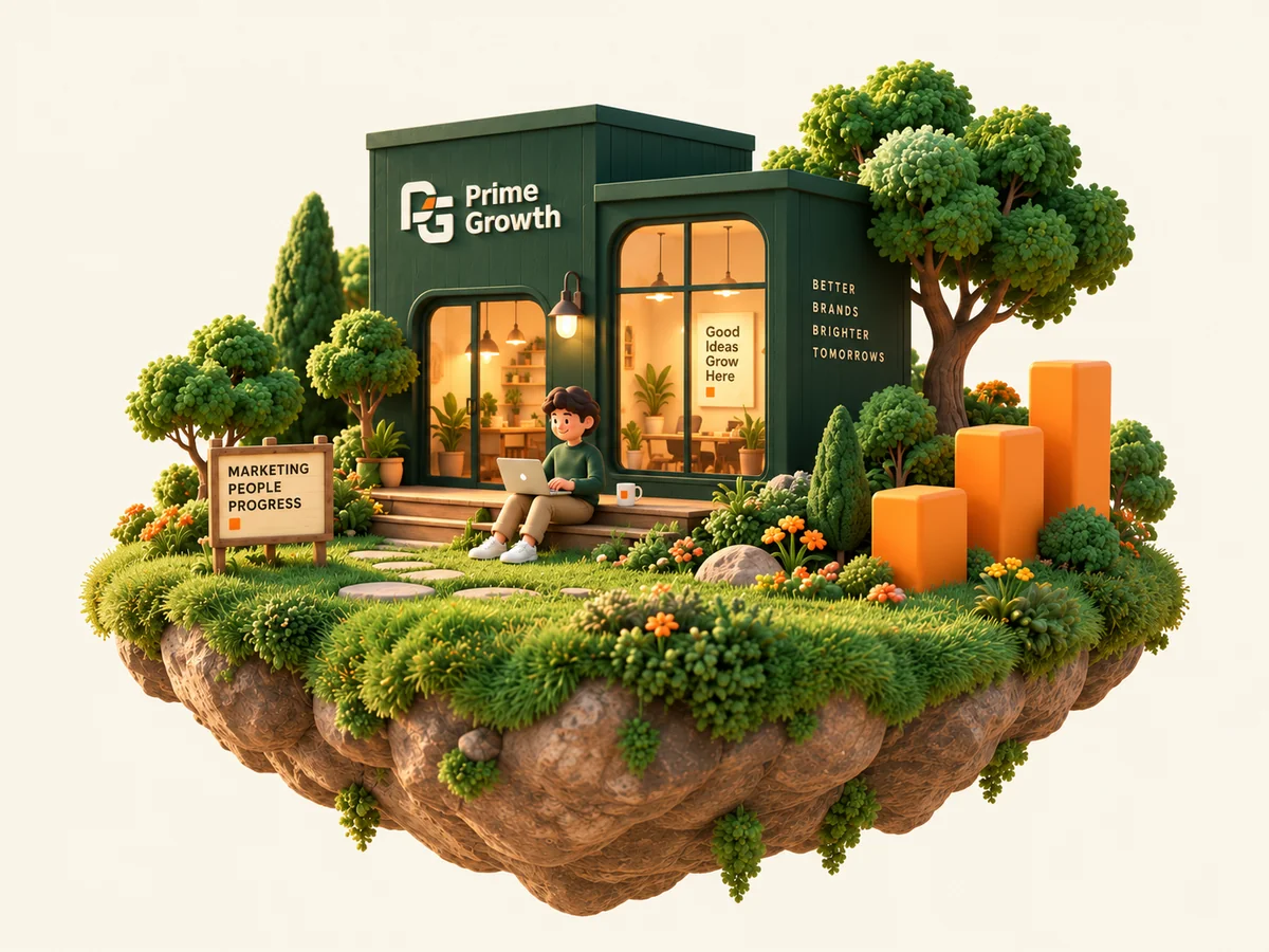 A forest-green Prime Growth studio with the Synergy P/G logo on a lush floating island, with glowing windows and orange growth bars.