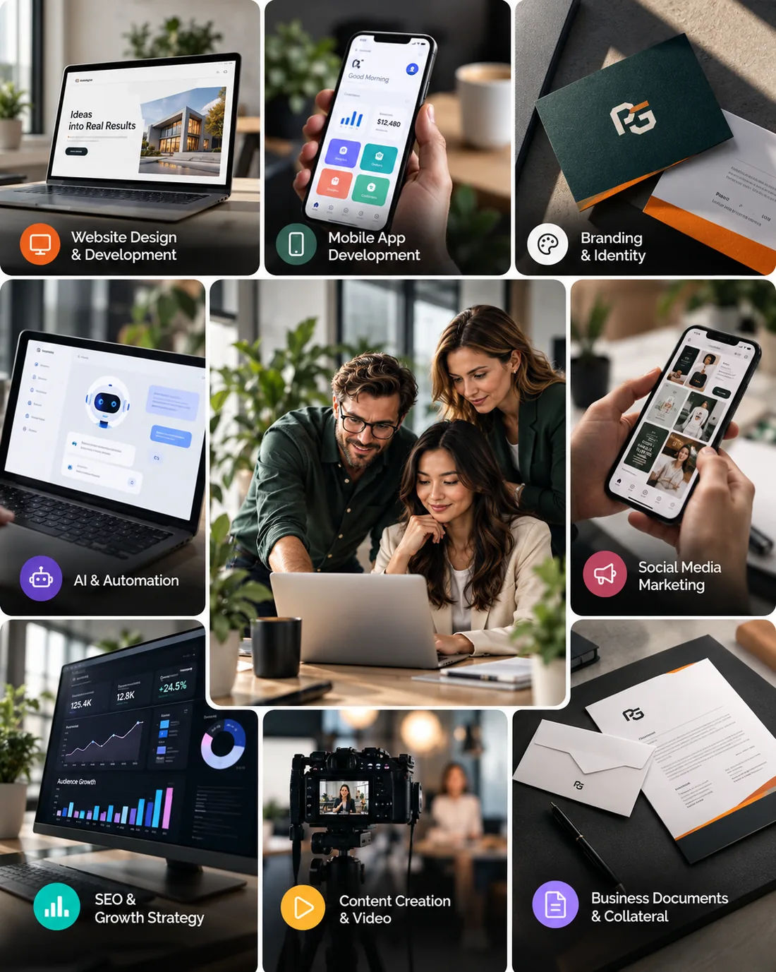 Nine Prime Growth service tiles: website design and development, mobile app development, branding and identity, AI and automation, social media marketing, SEO and growth strategy, content creation and video, and business documents, around a team working at a laptop.