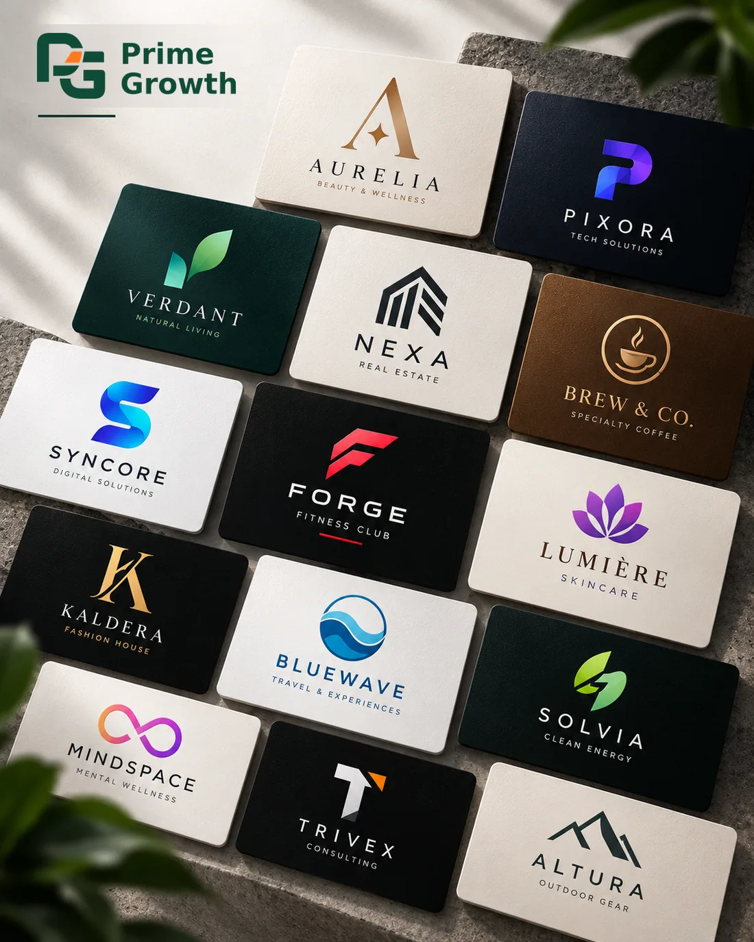 Fifteen example logo designs printed on business cards, covering wellness, technology, property, coffee, fitness, skincare, fashion, travel, energy, consulting and outdoor brands.