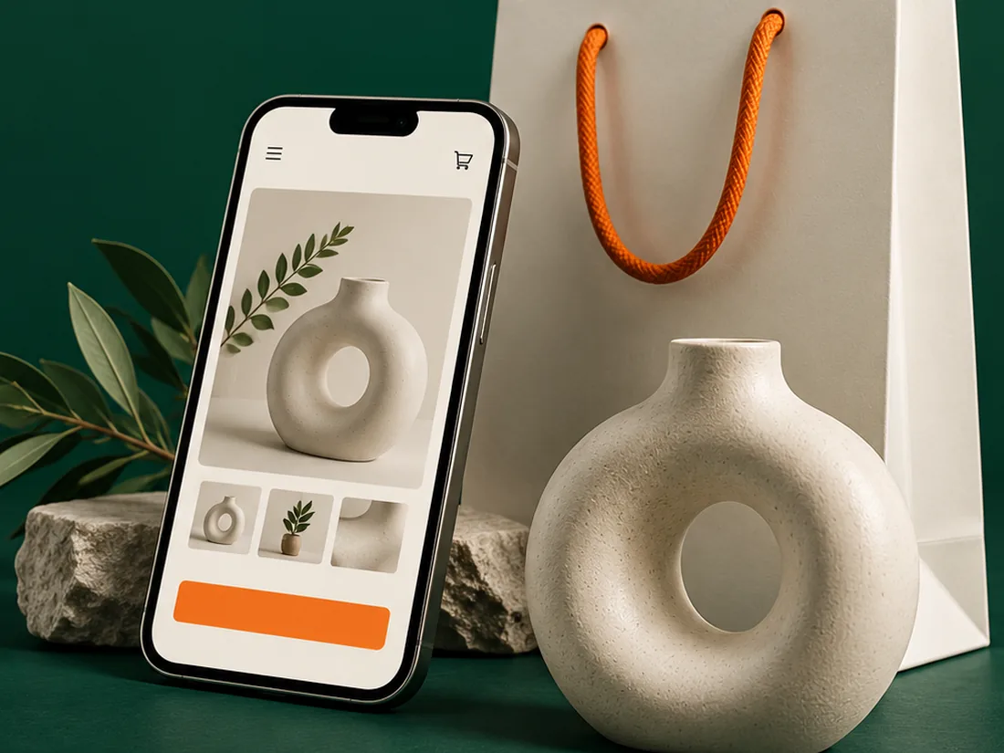 From first look to checkout. A product page on a phone beside a ceramic vase and a shopping bag.