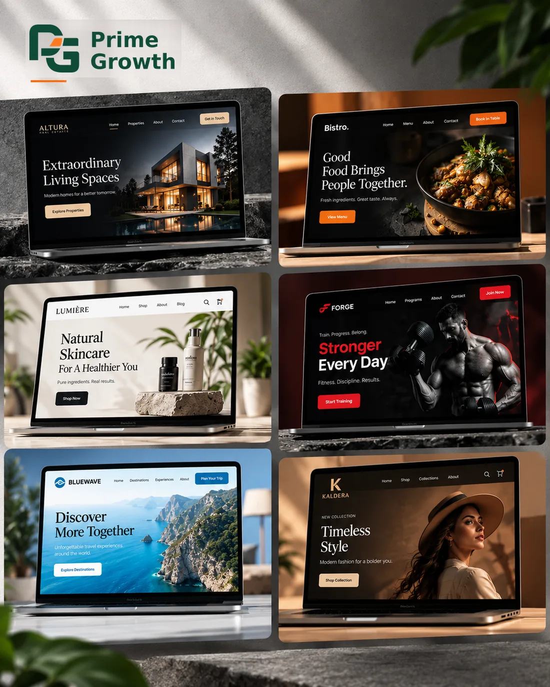 Six website designs shown on laptops: a real estate site, a restaurant, a skincare shop, a fitness club, a travel company and a fashion store.